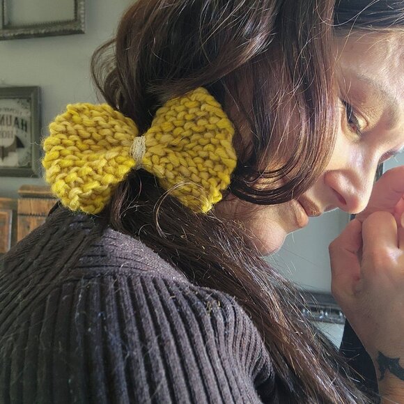 Knit Hair Bow, Handknitted Maize Yellow Ponytail Holder or Hair Band, Lace - Picture 1 of 10